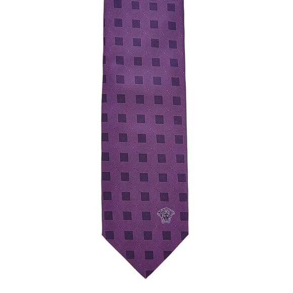 VERSACE Squares PRINT Dress SUIT TIE Woven PURPLE 100% Silk MEDUSA Italy - Picture 2 of 4